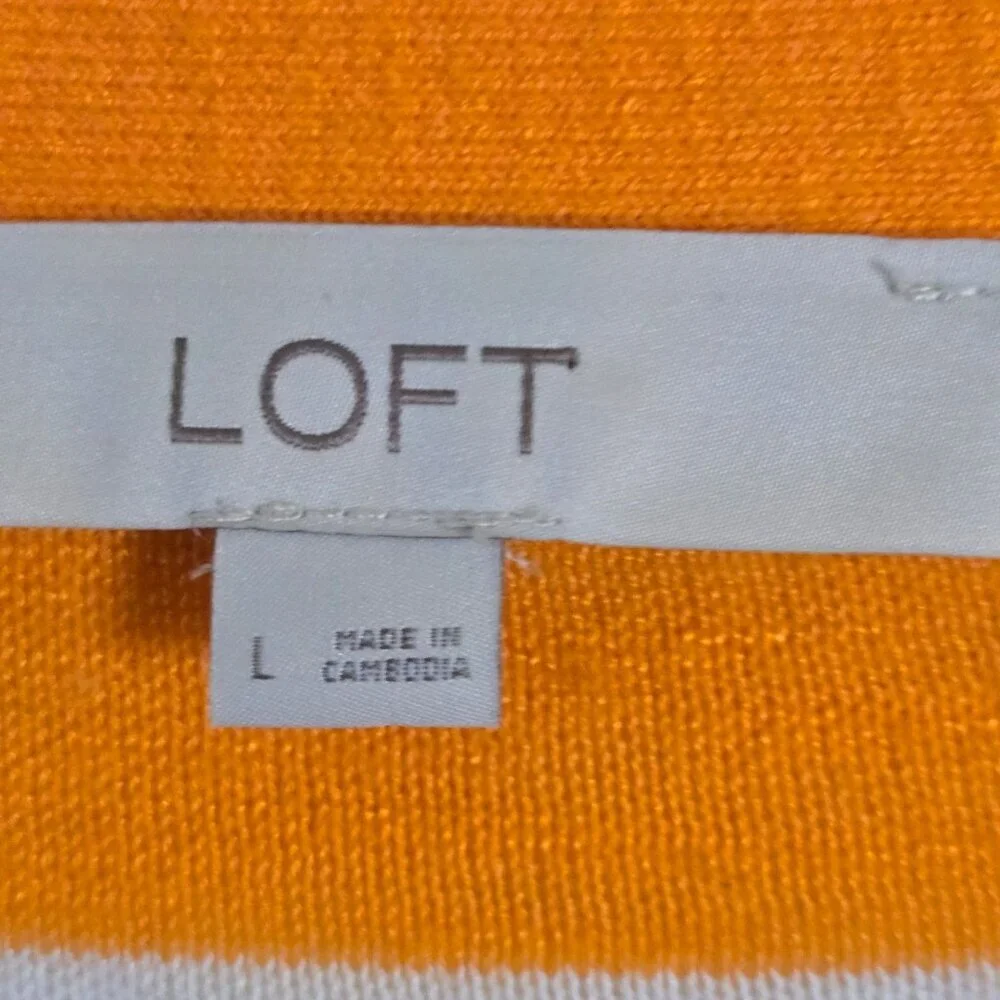 Loft Sherbet Orange White Striped V Neck Lightweight Cardigan Sweater Size L